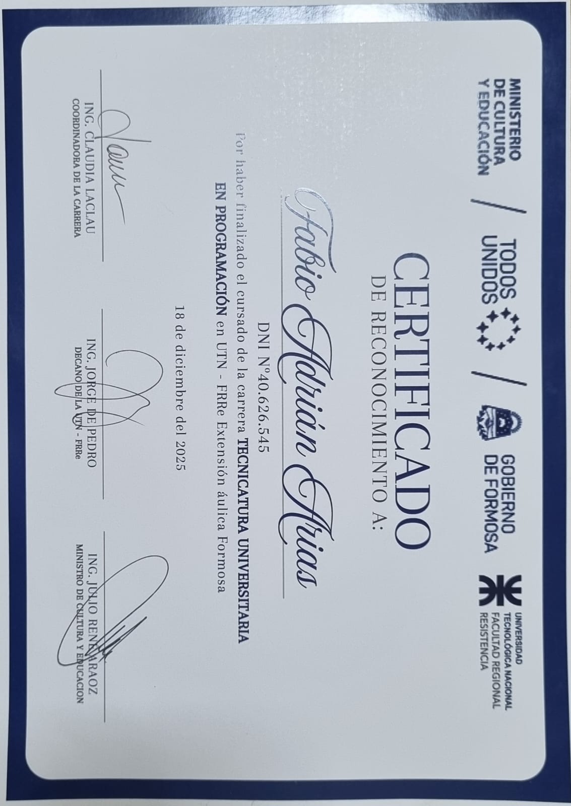 Certificado Tecnicatura UTN